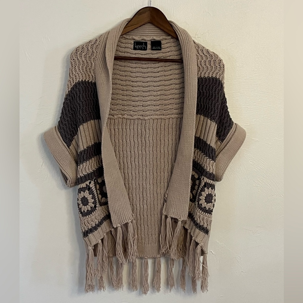 Kersh Tan and Brown Granny Square Cardigan with Fringe
